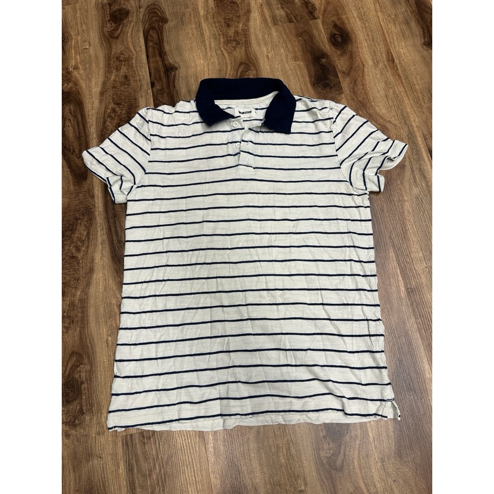 Taylor Stitch Mens 40 Cream Navy Striped Denim Collar Short Sleeve Polo Shirt